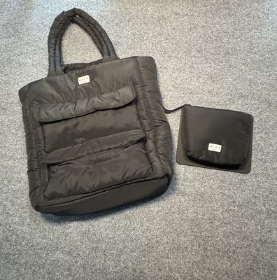 Wilo The Label Tote Bag Black Puffer Cargo Pocket Travel With Small Zipper Pouch