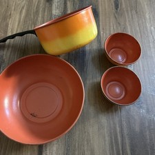 Vintage 1970s Tin Toy Cookware Mushroom Frog Pan Set Retro Orange Yellow Kitchen