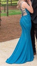 Women's Blue Sequin Mermaid V-Neck Sleeveless Formal Gown w/ Lace-Up Slit