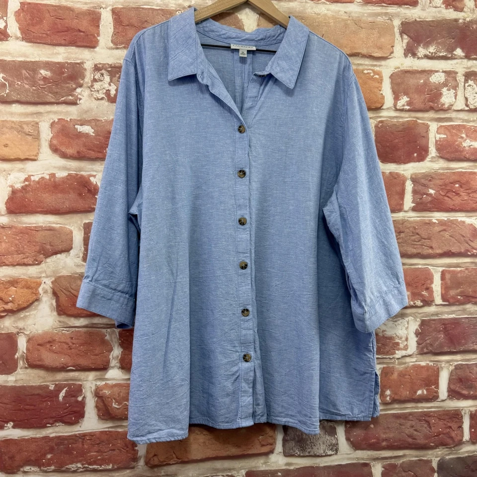 Camisa Catherines Mujer 3X Azul Lino Algodón Botón Frontal Manga 3/4 Blusa Foto 2 de 4