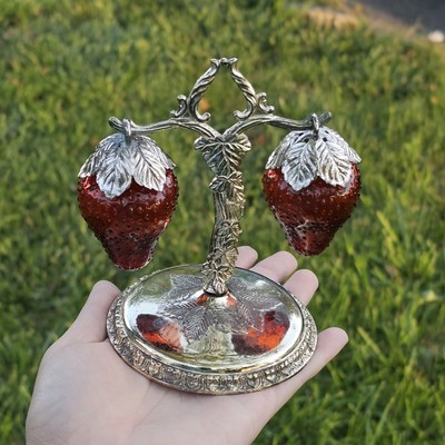 Vintage Ruby Red Glass Strawberry Salt & Pepper Shakers Complete with Stand