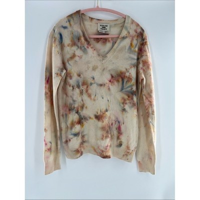 Riverside Tool And Dye Cream V-Neck Sweater with Pink, Blue & Yellow Tie-Dye