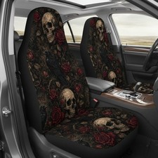 Gothic Skull Roses Car Seat Covers Dark Floral Skeleton Front Seat Protector
