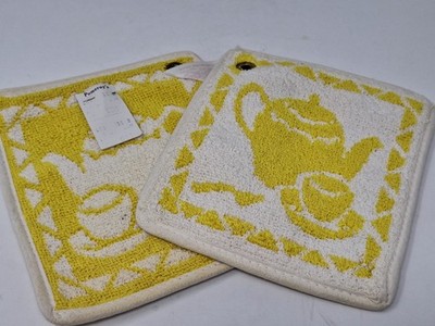 Vintage Pair Ritz Terry Cloth Pot Holders Yellow Teapot Pattern Grommet NWT