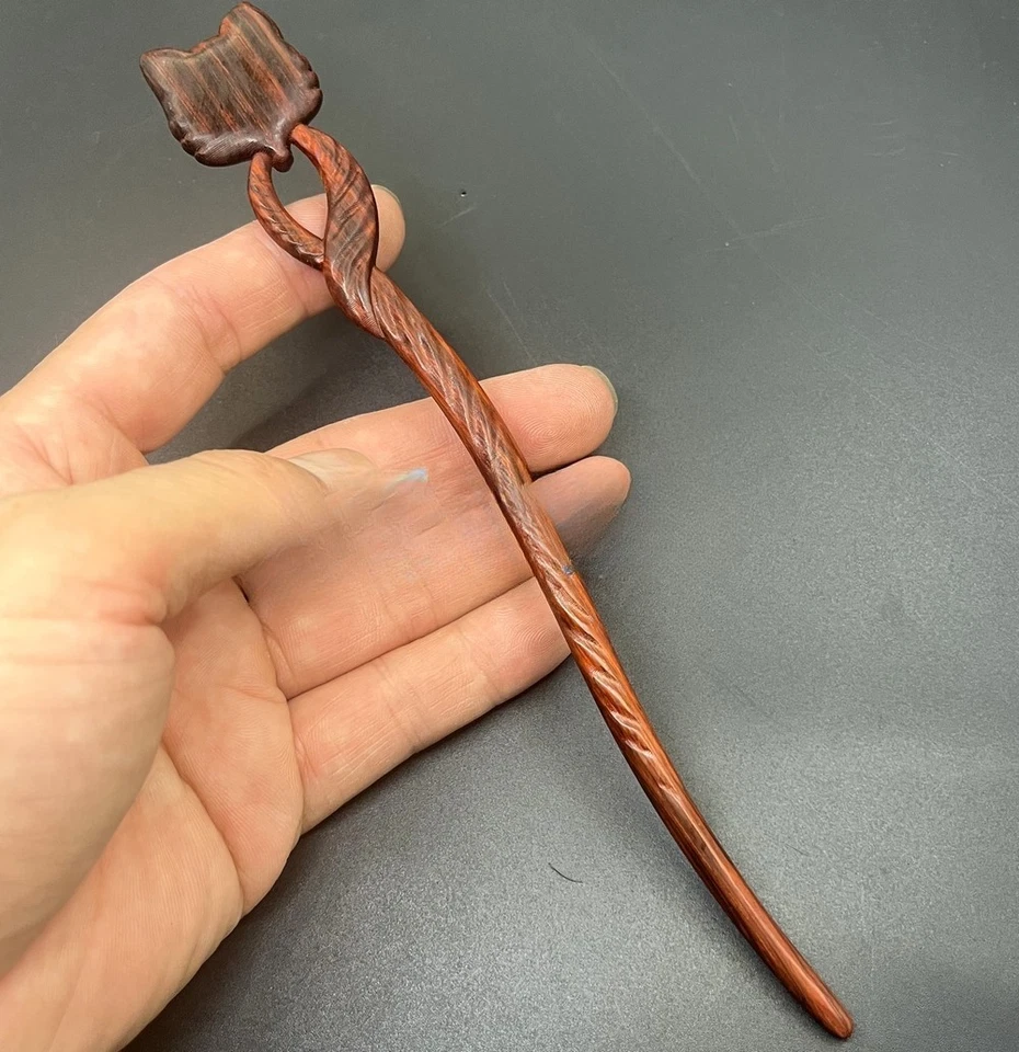 Rosewood Carved Hair Pin Stick Fox Type Fork Updo Bun Styling Boho Outfit - Image 4 of 4