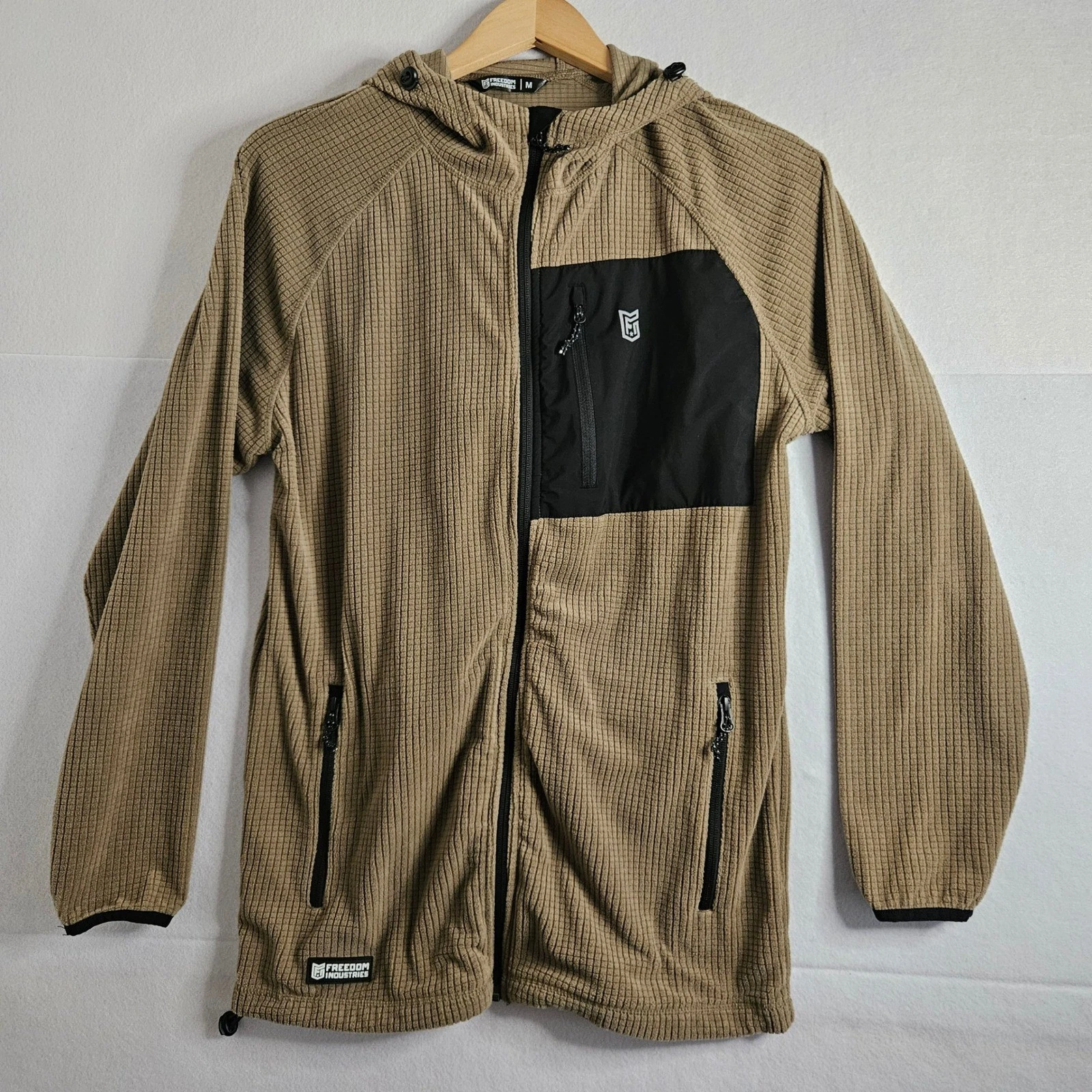 Freedom Industries Mens Grid Fleece Full Zip Hoodie Jacket Tan Brown Medium