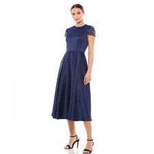 LEENA by MAC DUGGAL Navy High Neck Cap Sleeve Beaded Tea Length MIDI Dress sz 2