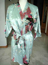 Womans Teal Blue Robe with Peacocks  Flowers Soft Blue Small