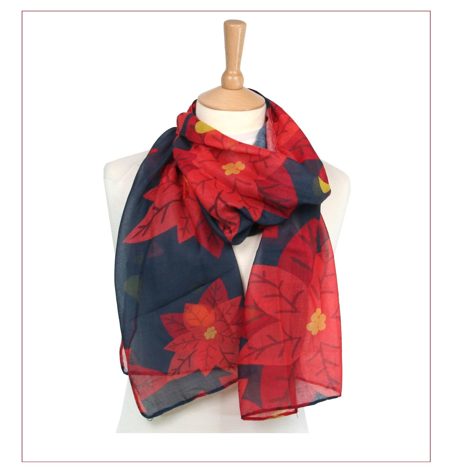 Black Ginger Poinsettia Floral Scarf Navy Red Sheer Wrap Christmas Gift Shawl
