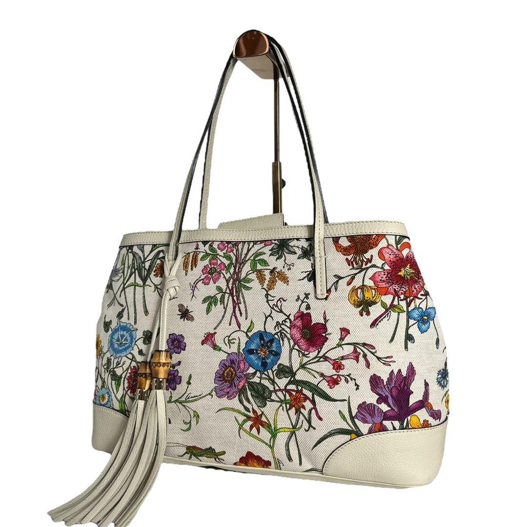 GUCCI Flora Tote Bag 50th Anniversary Flower Pattern Leather Canvas White VIN