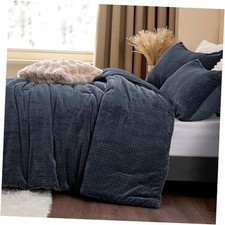 Fluffy Queen Comforter Set - Furry Navy Leaves Pattern Faux Queen 88"X88" Blue