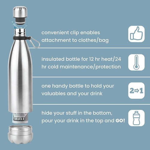 Compact Diversion Safe Water Bottle - 18 Oz Stainless Steel with Secret Storage - Picture 10 of 11
