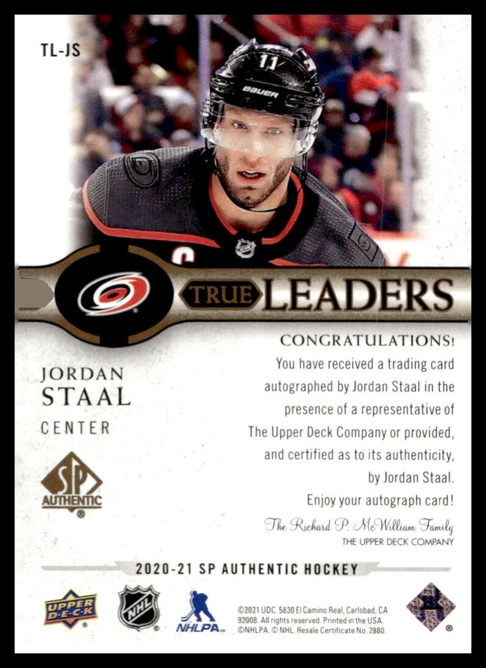 2020-21 UD SP Authentic True Leaders Auto /99 #TL-JS Jordan Staal - Image 2 of 2