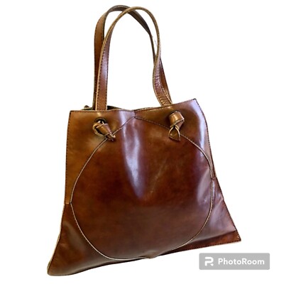 Vtg 70's MoD Brown Leather Hand Bag HIPPIE BoHo Shoulder Purse Velvet Lined  Tote