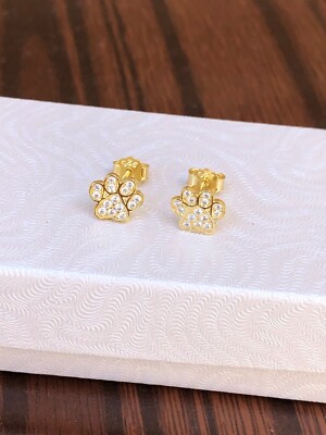 925 Sterling Silver Cz Gold Paw Print Stud Earrings Small Tiny Studs 8mm