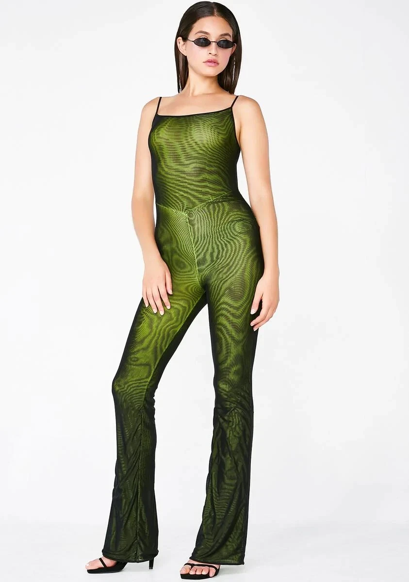 I.AM.GIA. Scorpio Mesh Overlay Flare Jumpsuit Size S Green Bodysuit