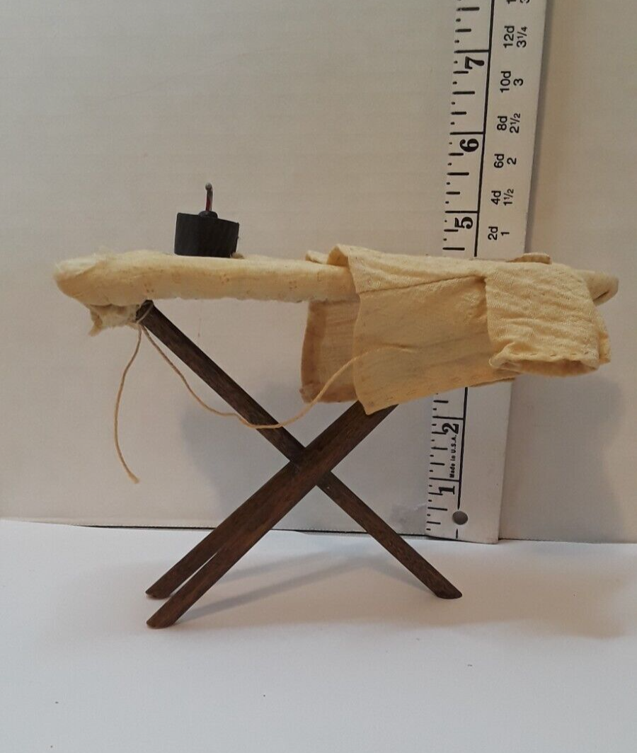 Antique handmade 4.5-inch doll ironing board with cloth and wood-image