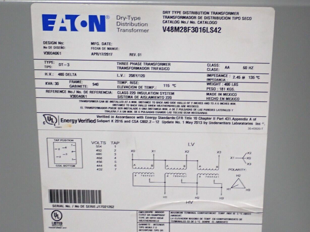 New Eaton V48M28F3016LS42 30 KVA 3 Phase 480-208Y/120V Transformer
