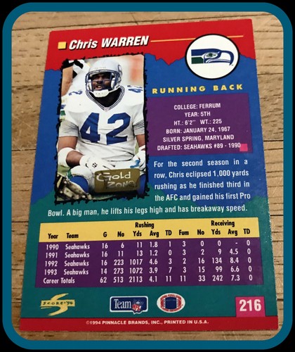 SEATTLE SEAHAWKS 1994 SCORE GOLD ZONE CHRIS WARREN #216 NMMT CONDITION - Picture 2 of 2