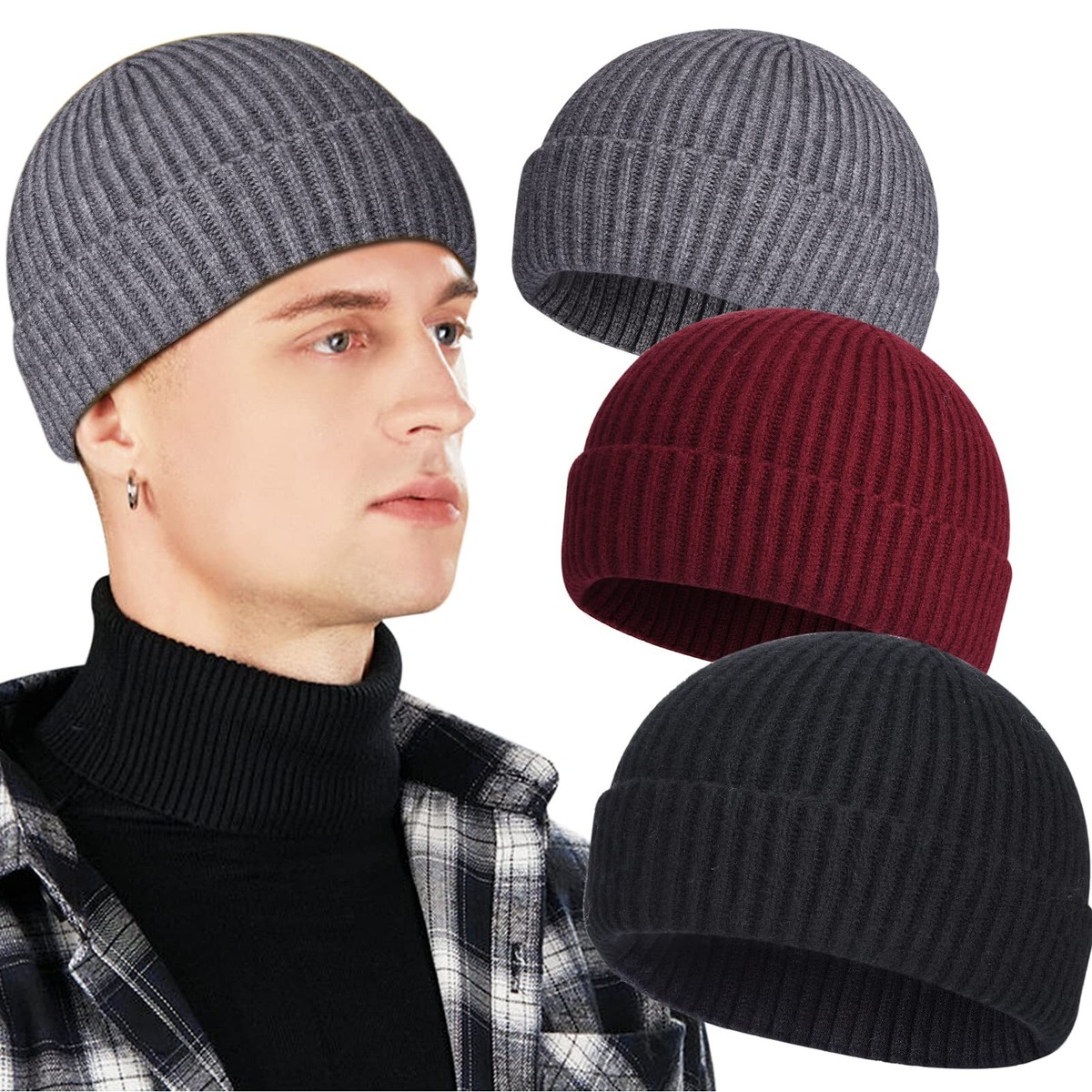 3 Pack Wool Fisherman Beanies for Men Short Knit Watch Cap Cuffed