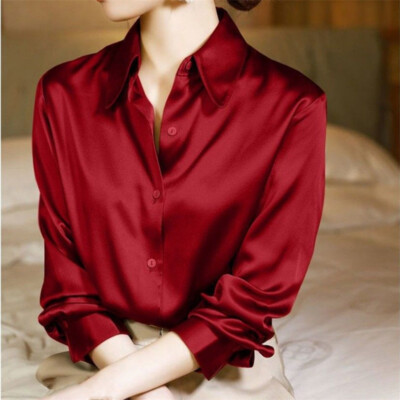 Women Satin Shirt Button Business 