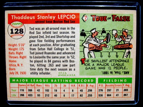 Tarjeta de béisbol Topps TED LEPCIO 1955 #128 en muy buen estado/excelente estado - Boston Red Sox - Imagen 2 de 2