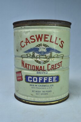 Vintage CASWELLS NATIONAL CREST COFFEE TIN CAN + LID 2 LB SAN