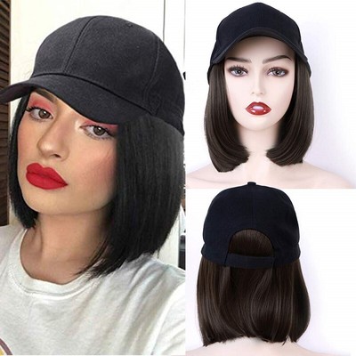 Baseball Hat with Hair Attached Synthetic Short Bob ...
