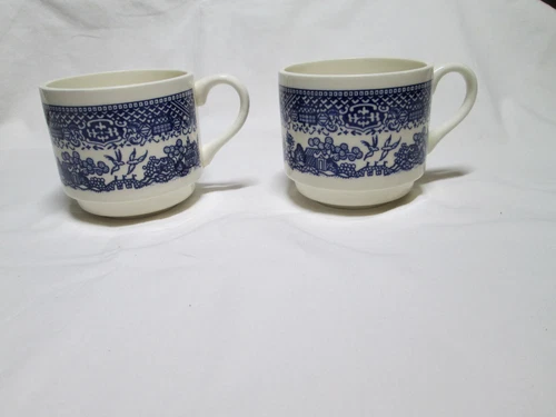 2 Vintage Willow Ware Royal Ironstone Blue Willow 6 oz Stacking Coffee Cups