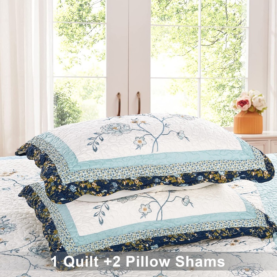 Dorset 3-Piece Floral Patchwork Quilt Set - Queen/King Size Microfiber Bedding Shabby Chic 5 thumbnail image