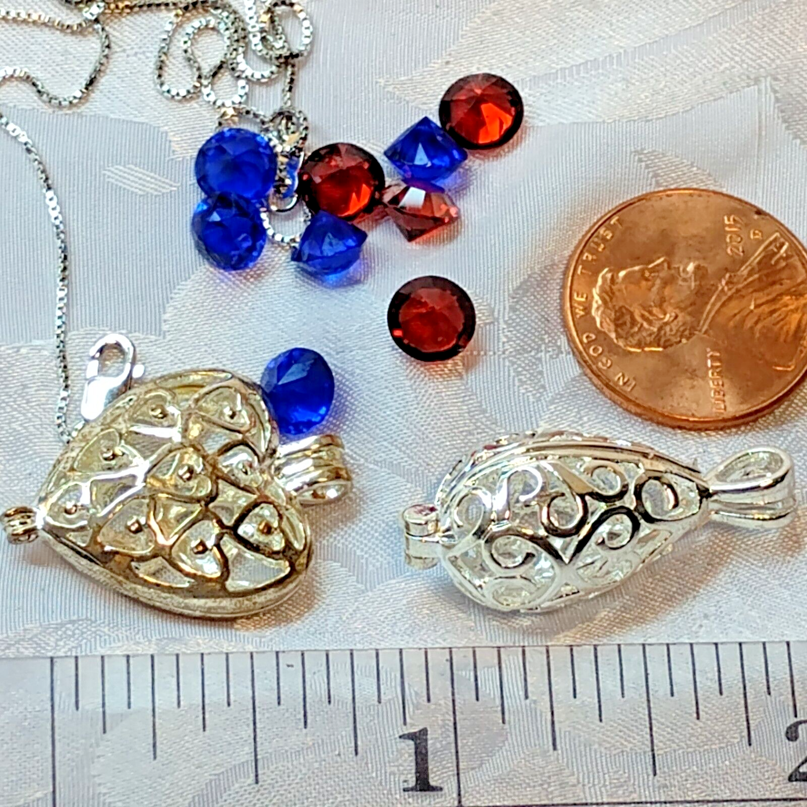 925 Silver Necklace Interchangeable 2 Lockets + Blue Red Stones Heart Teardrop