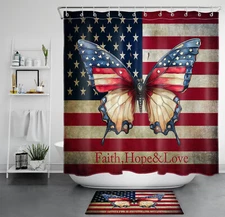 Vintage American Flag with Butterfly Shower Curtain Bathroom Accessories Set