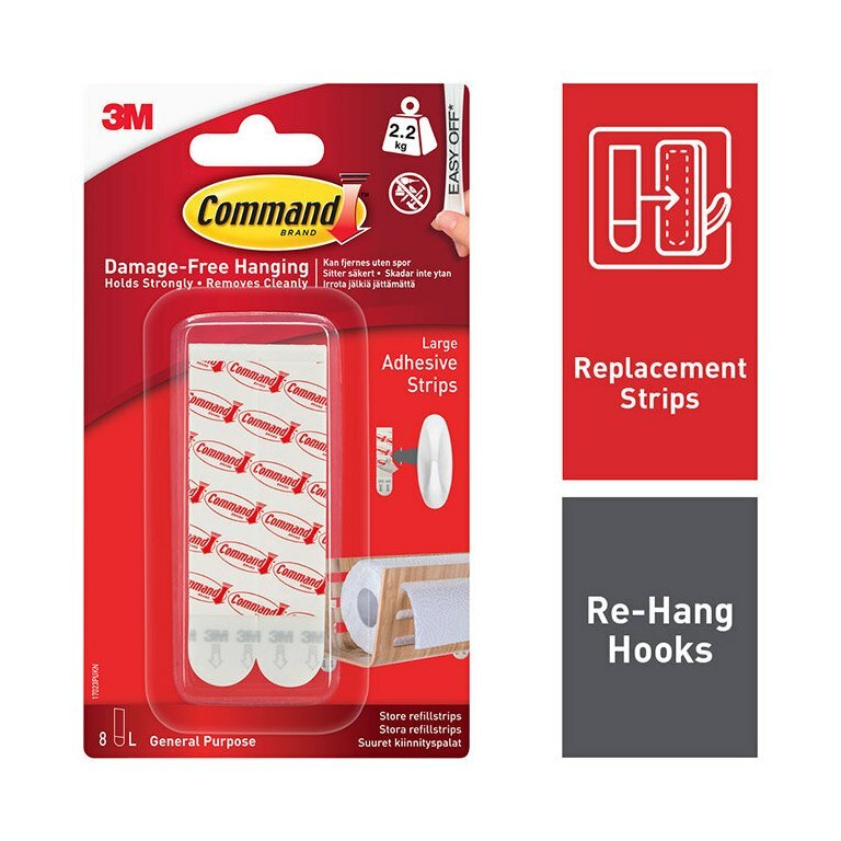 3M Command 8 Pack Large Replacement Refill Strips No Damage Holds 4.4Kg