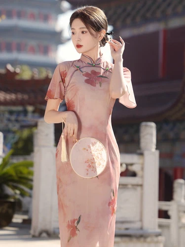 Traditional Ladies Chinese Floral Qipao Cheongsam Elegant Dress In Dusty Pink - Picture 4 of 6