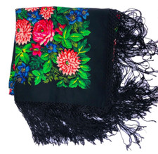 Large Floral Black  Multicolor Floral Fringed Scarf, Wrap, Shawl 60 x 60 GREAT 