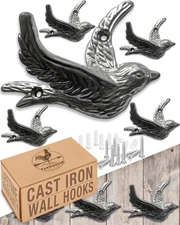 Flying Bird Decorative Wall Hooks (5 Pack) Cast Iron, Silver Coat Wall Hooks