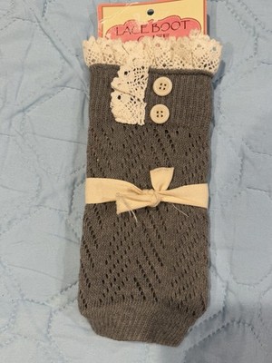 C.C Women s Gray Knit Boot Cuffs Leg Warmers White Lace Trim Button One Size