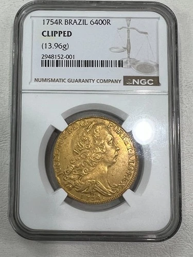Brazil 1754-R 6400 Reis NGC Certified Large Gold Clipped Coin (13.96 g) E131