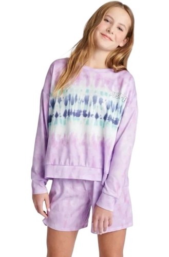 Justice Girls Pajamas Purple 10 Long Sleeve Top Shorts Tie Dye Logo 2 Piece Set - Picture 3 of 12