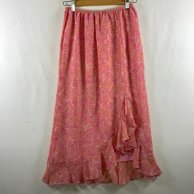 VTG Womens Y2K Crinkle Paisley Ruffle Midi Slip Skirt Size 6 Pink Coquette Fairy