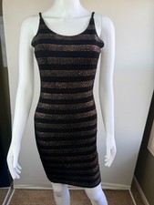 Black Gold Metallic Striped Bodycon Mini Dress Low Back Ruched Small