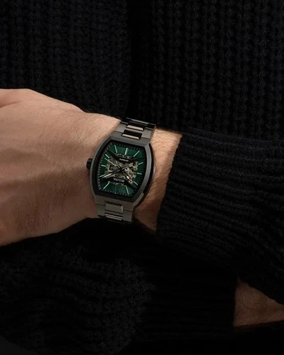 BULOVA MAQUINA MEN'S AUTOMATIC GREEN SKELETON DIAL EXHIBITION BACK WATCH 98A321 image 4