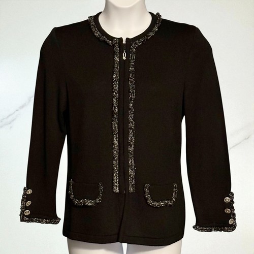 Vintage MITA Designer Black Knit Skirt Suit Size 10 Zip Jacket Silver Trim Chic - Picture 4 of 11