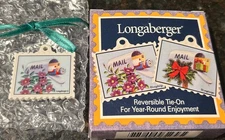Longaberger Tie-On Mail Stamp Christmas Wreath Purple Flowers Reversible Basket