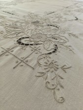 Beautiful Vintage Table Cloth w/ Embroidery Open Work, 81 x 68 in.