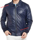 Lambskin Classic Mens Navy Blue Leather Bomber Jacket Biker Moto Collared Winter