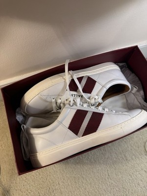 Bally Men's White/Burgundy Leather Lace-Up Round Toe Sneakers US 9