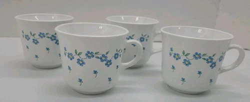 Corning Corelle Set of 4 Forget Me Not Coffee Tea Cups Mugs Blue White Floral 