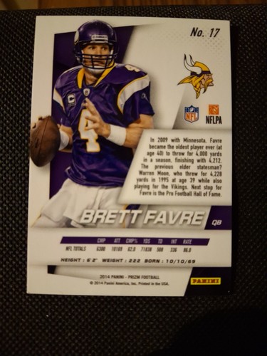 2014 BRETT FAVRE PANINI PRIZM NFL CARD #17 MINNESOTA VIKINGS GB PACKERS NY JETS - Picture 2 of 2