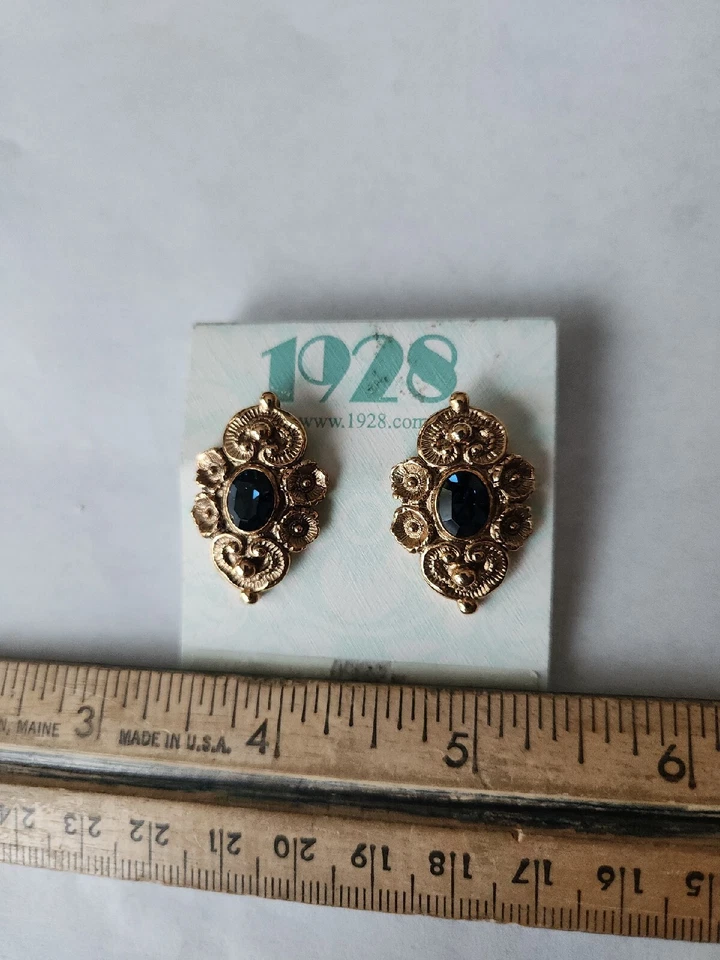 Pendientes de joyería 1928--Hermosos pendientes barrocos GT con piedra central azul Foto 3 de 3
